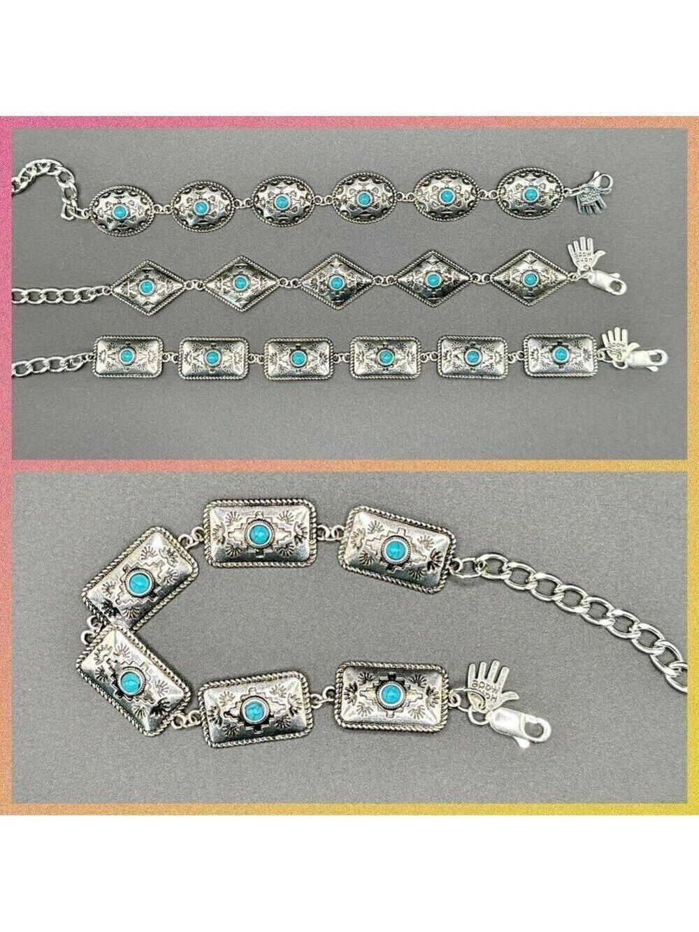 Faux Turquoise and Silver Tone Concho Chain Bracelet #1443